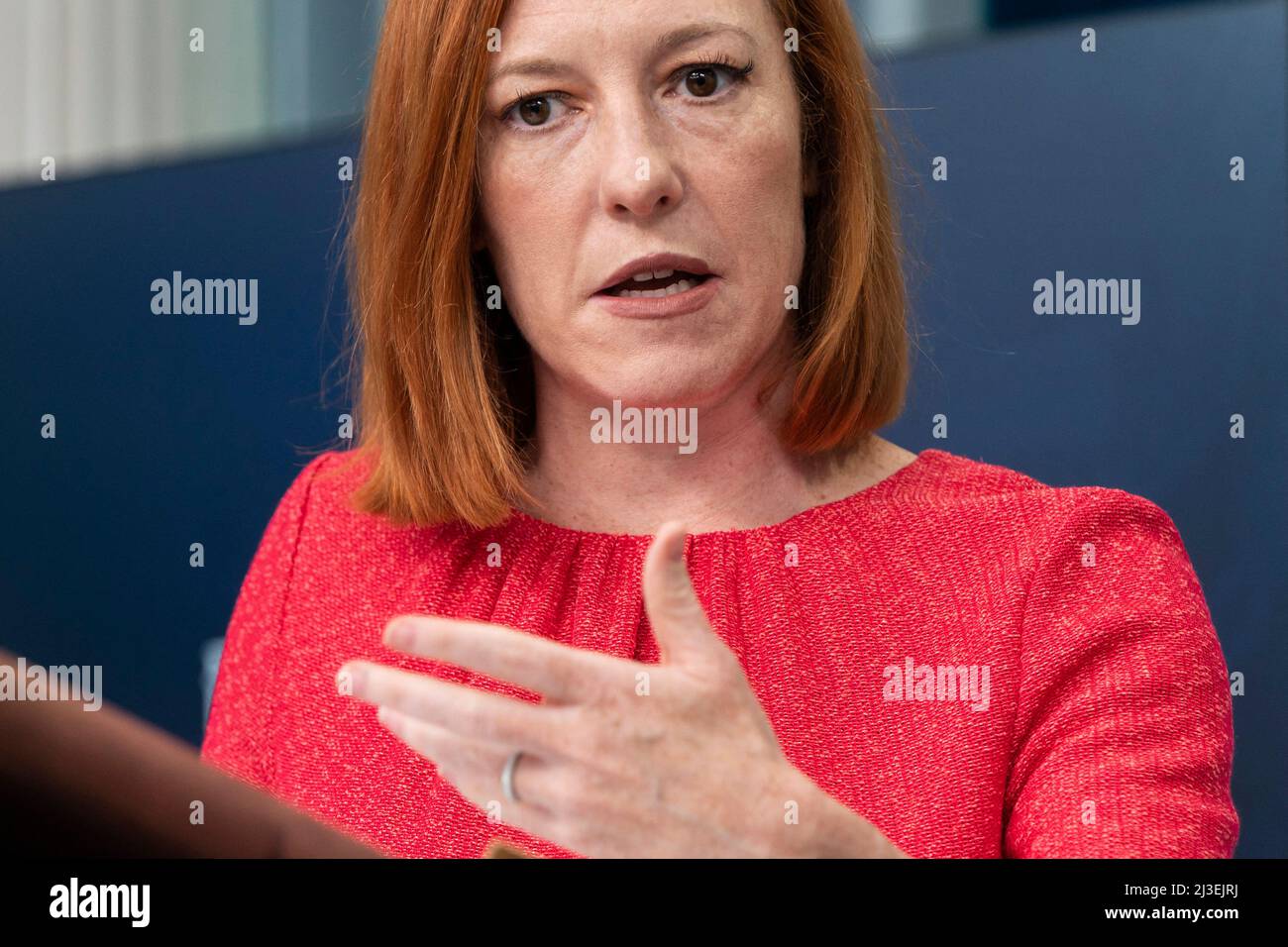 White House Press Secretary Jen Psaki speak to the media during a briefing at the White House in Washington, DC, USA on April 7, 2022. Psaki spoke about the confirmation Judge Nominee Kentanji Jackson Brown to the Supreme Court and possible exposure to coronavirus disease (COVID-19) by U.S. President Joe Biden Photo by Joshua Roberts/Pool/ABACAPRESS.COM Stock Photo