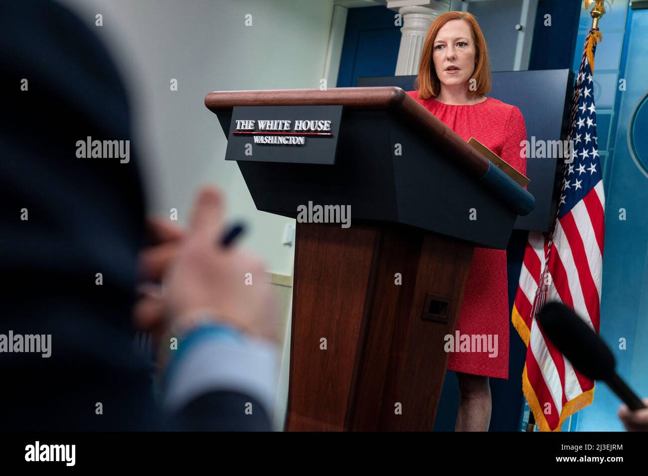 White House Press Secretary Jen Psaki speak to the media during a briefing at the White House in Washington, DC, USA on April 7, 2022. Psaki spoke about the confirmation Judge Nominee Kentanji Jackson Brown to the Supreme Court and possible exposure to coronavirus disease (COVID-19) by U.S. President Joe Biden Photo by Joshua Roberts/Pool/ABACAPRESS.COM Stock Photo