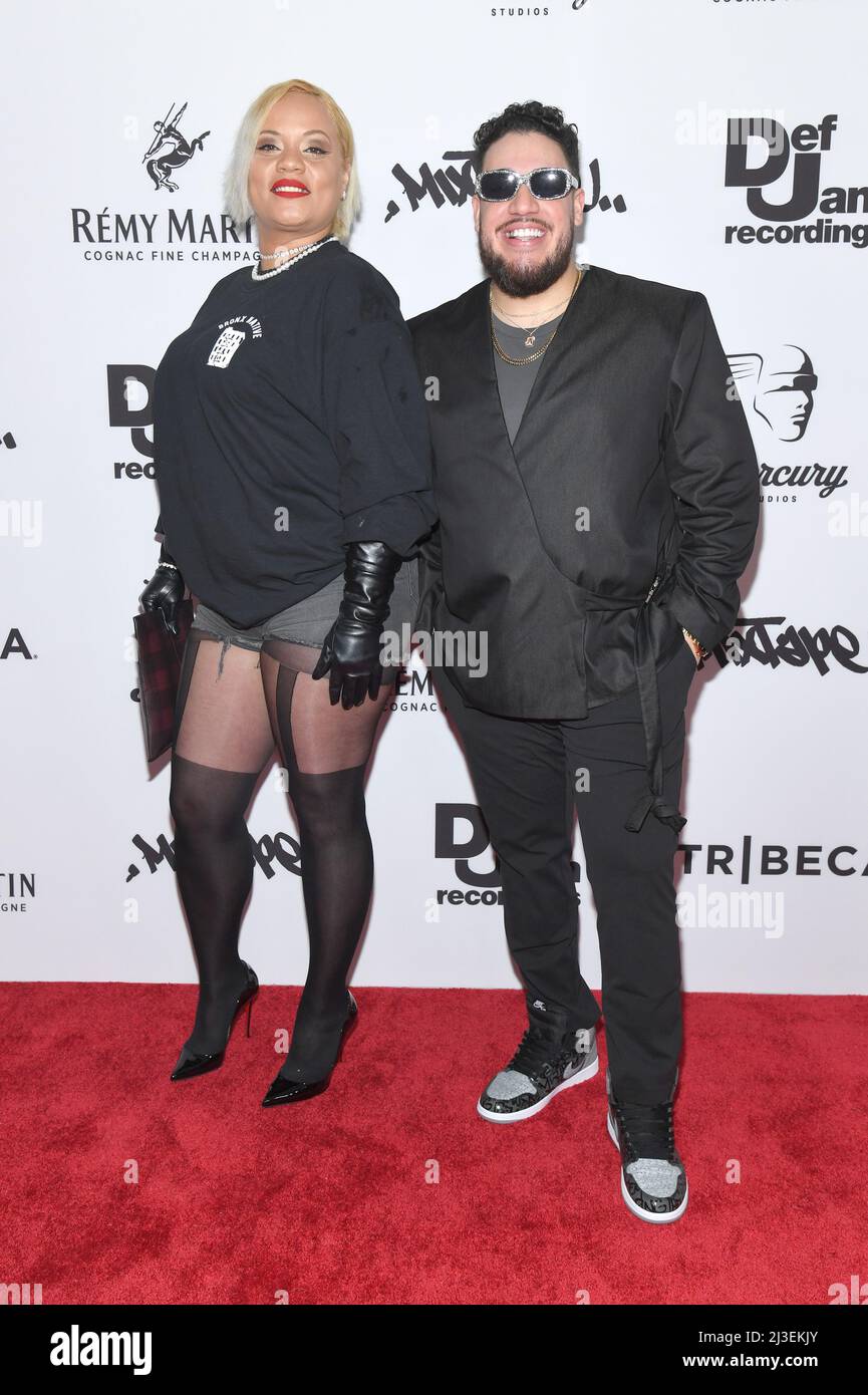 New York, USA. 07th Apr, 2022. (L-R) BX Queen (Carmen Matos) and Bronx Native attend the world premiere of 'Mixtape' at United Palace Theater in New York, NY, April 7, 2022. (Photo by Anthony Behar/Sipa USA) Credit: Sipa USA/Alamy Live News Stock Photo