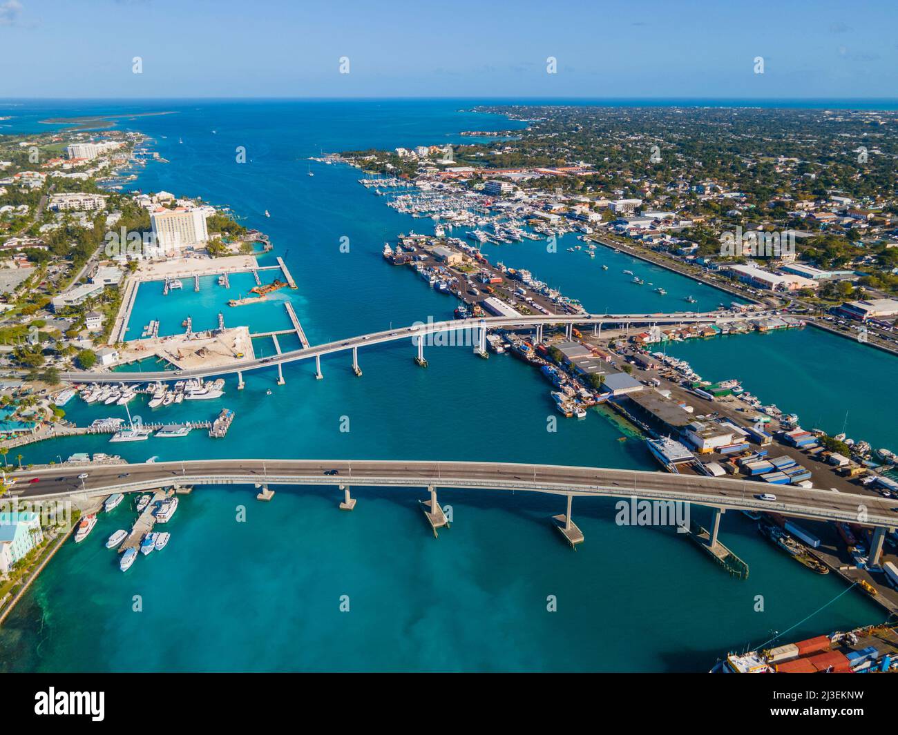 Nassau downtown aerial view including Paradise Island Bridge and