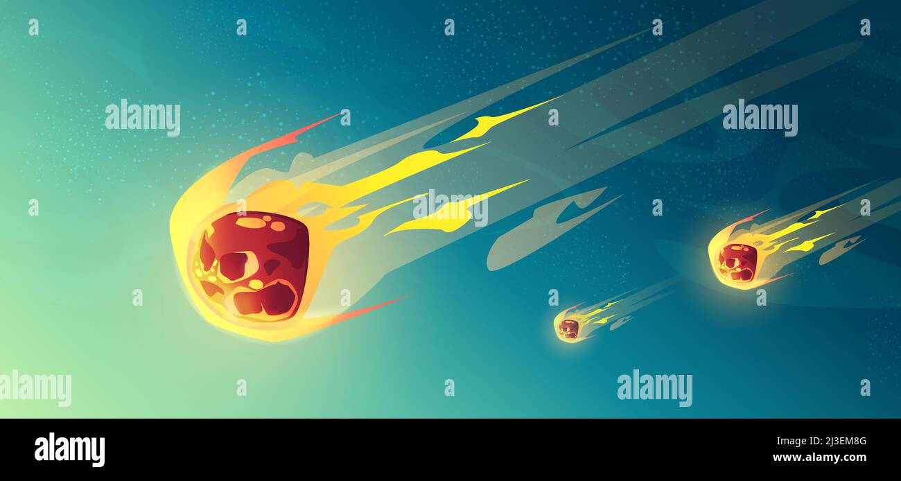 Meteor rain, asteroids or meteorites flying in night starry sky. End