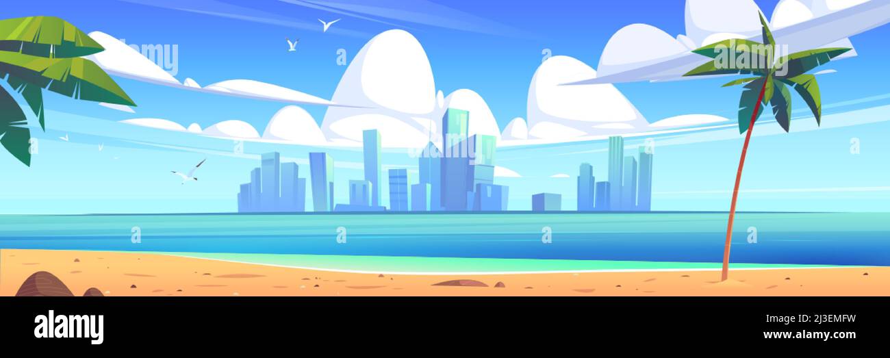 Tropical landscape with sea, sand beach, palm trees and city buildings on horizon. Vector cartoon illustration of summer seascape with town skyscraper Stock Vector