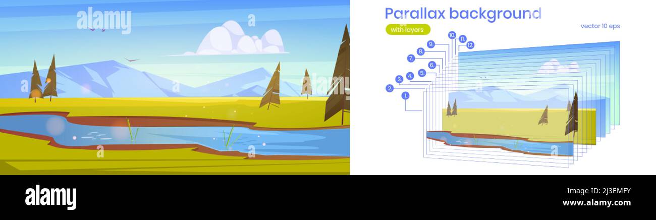 Summer landscape with pine trees, water stream and mountains on horizon. Vector parallax background for 2d animation with cartoon illustration with gr Stock Vector