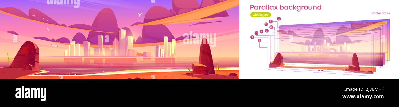 Lake with stones on beach and city buildings on skyline at sunset. Vector parallax background for 2d animation with cartoon illustration of river shor Stock Vector