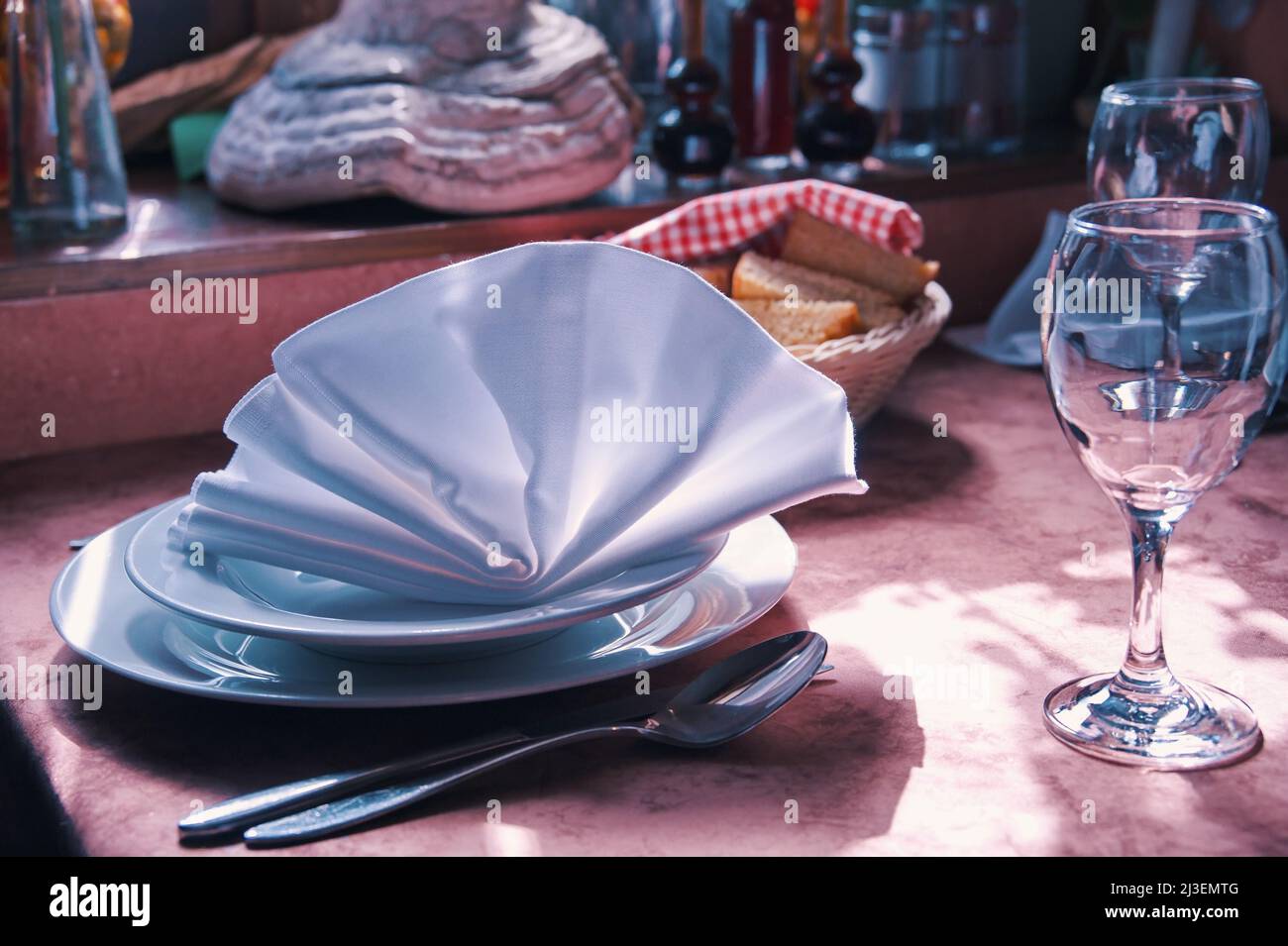 Table in restaurant served for dinner Stock Photo