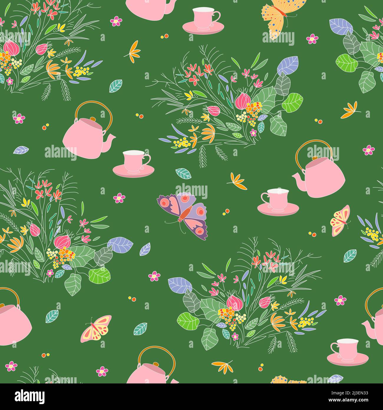 Tea time seamless pattern. Tea in the garden. Stock Photo