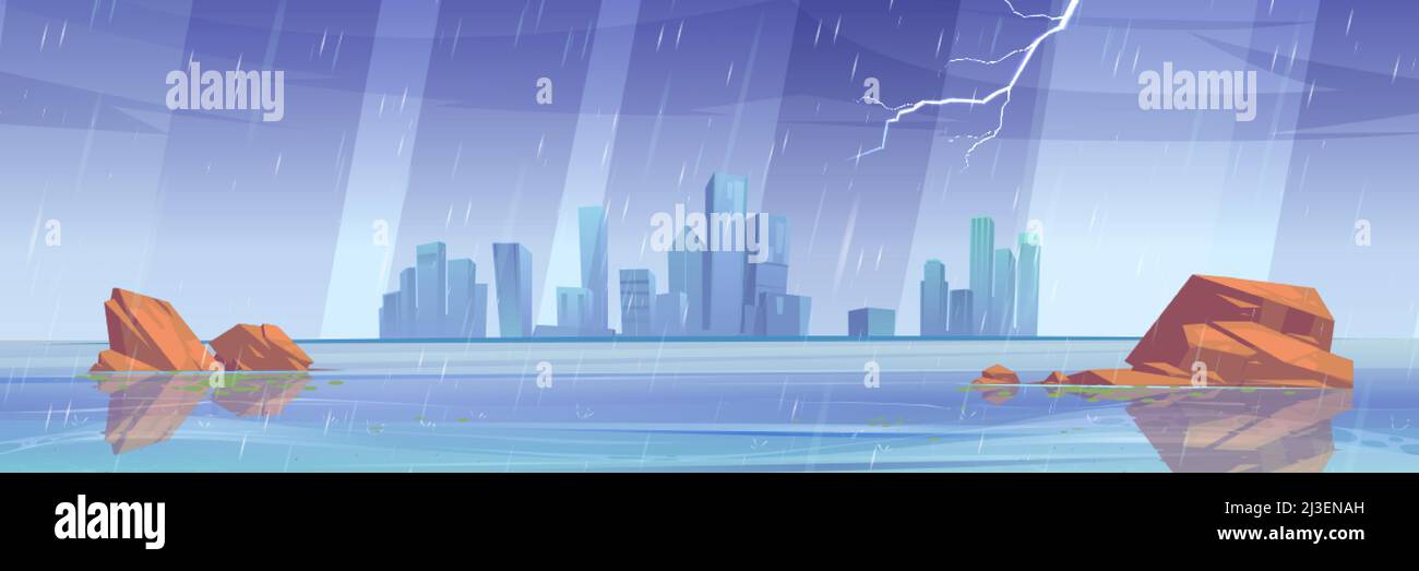 Sea landscape with stones in water and city buildings on skyline in rain. Vector cartoon illustration of lake or river with skyscrapers on horizon and Stock Vector