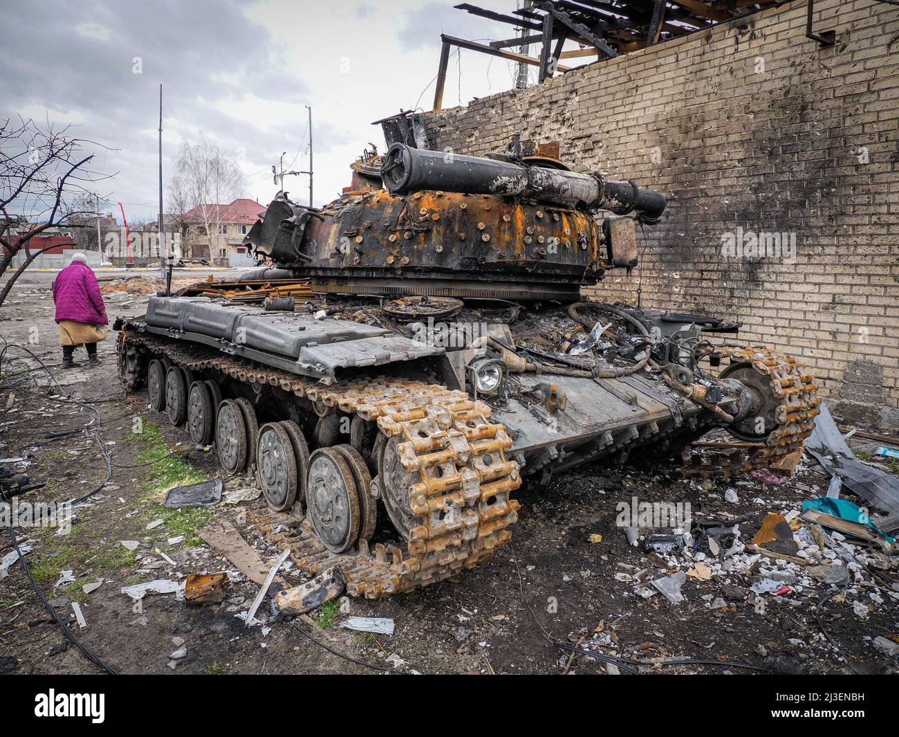 Hostomel, Ukraine. 06th Apr, 2022. Destroyed Russian tank seen on the street of Hostomel. After the withdrawal of the Russian troops which occupied the town and terrorized local people for several weeks citizens are trying to start a new life. Credit: SOPA Images Limited/Alamy Live News Stock Photo