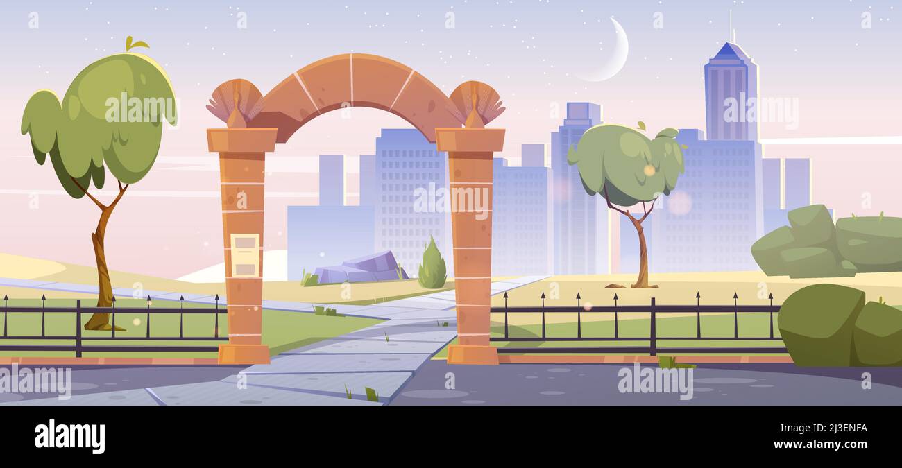 Early morning cityscape view with stone gates, entrance to city garden ...