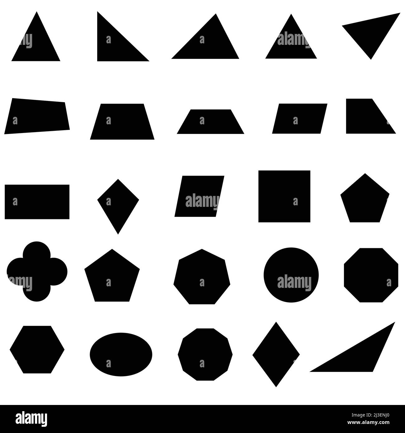 Black geometric shapes isolated on white background. Flat elements set vector illustration. Stock Vector