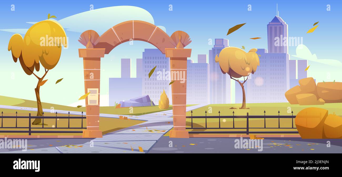 Stone gates, entrance to autumn city garden or park at cool weather ...