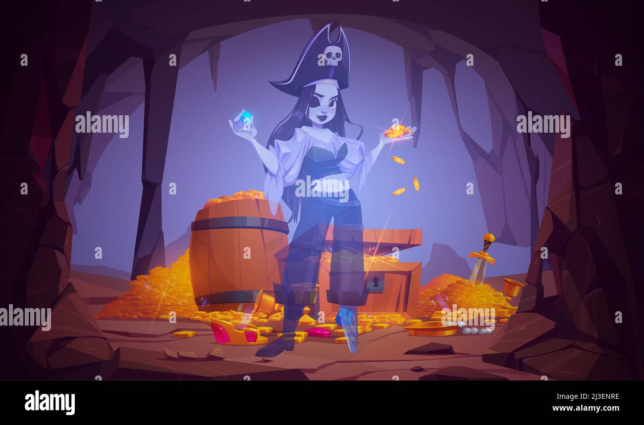 Ghost of girl pirate in cave with treasure. Vector cartoon illustration