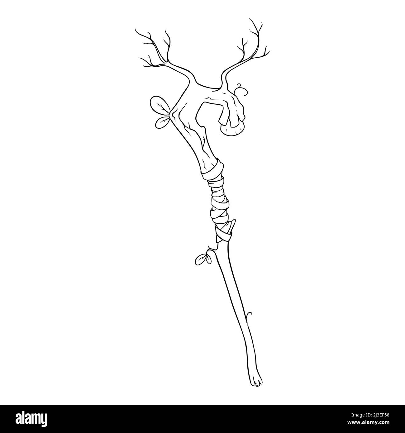 Wooden staff or walking wand for games. Sketch of druid staff. Vector illustration isolated in white background Stock Vector