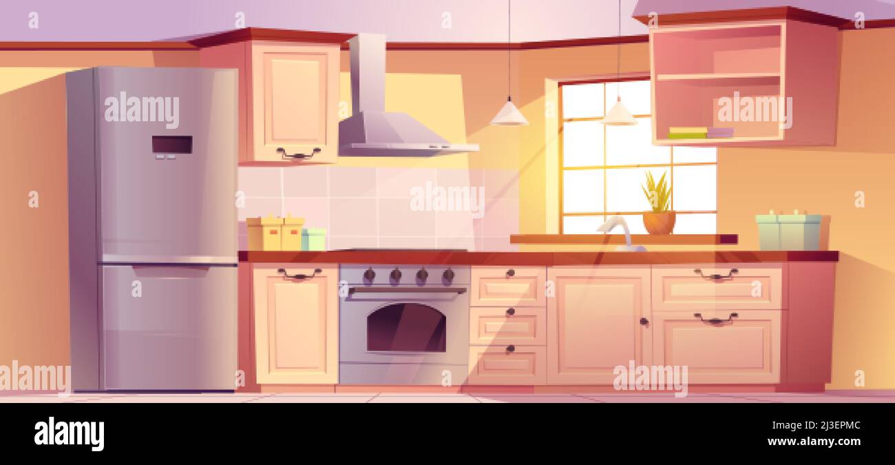 Retro kitchen empty interior with appliances and white wooden furniture. Table, oven, range hood, refrigerator and utensil. Equipment for cooking in c Stock Vector