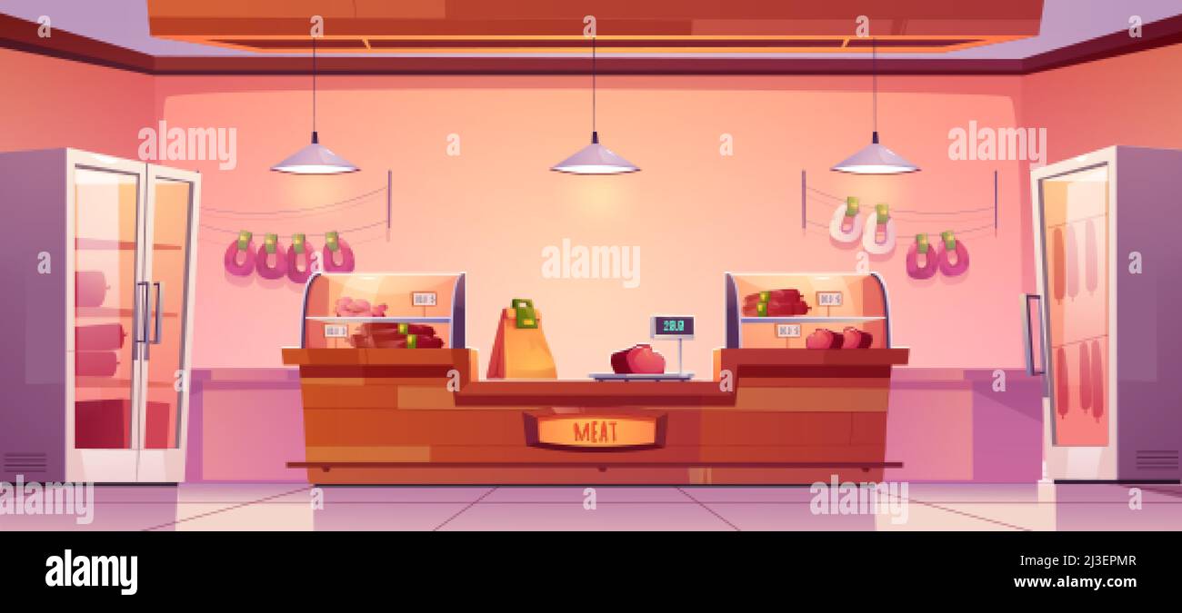 Meat shop, butchery store interior with farm production on showcase, cashier desk and scales. Fresh sausages hang on wall, farmer meaty products, food Stock Vector