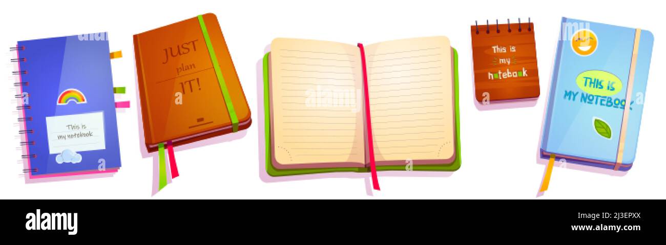 Notebooks, closed and open notepads of different size and design. Diary with colorful cover and bookmarks, lined pages, spiral, memo, office planner a Stock Vector