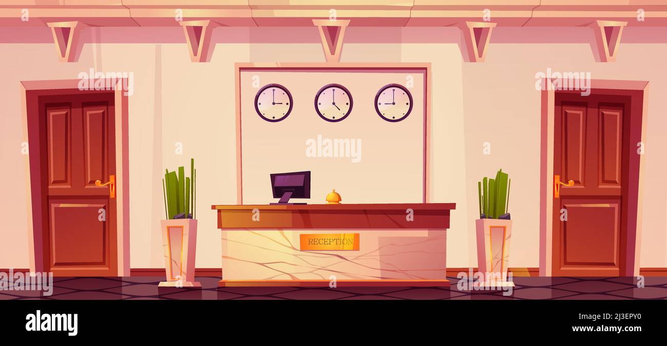 Hotel reception with computer and bell on marble desk, flower vases, clocks on wall. Modern Inn foyer, hall or lobby with wooden doors. Tourism, busin Stock Vector