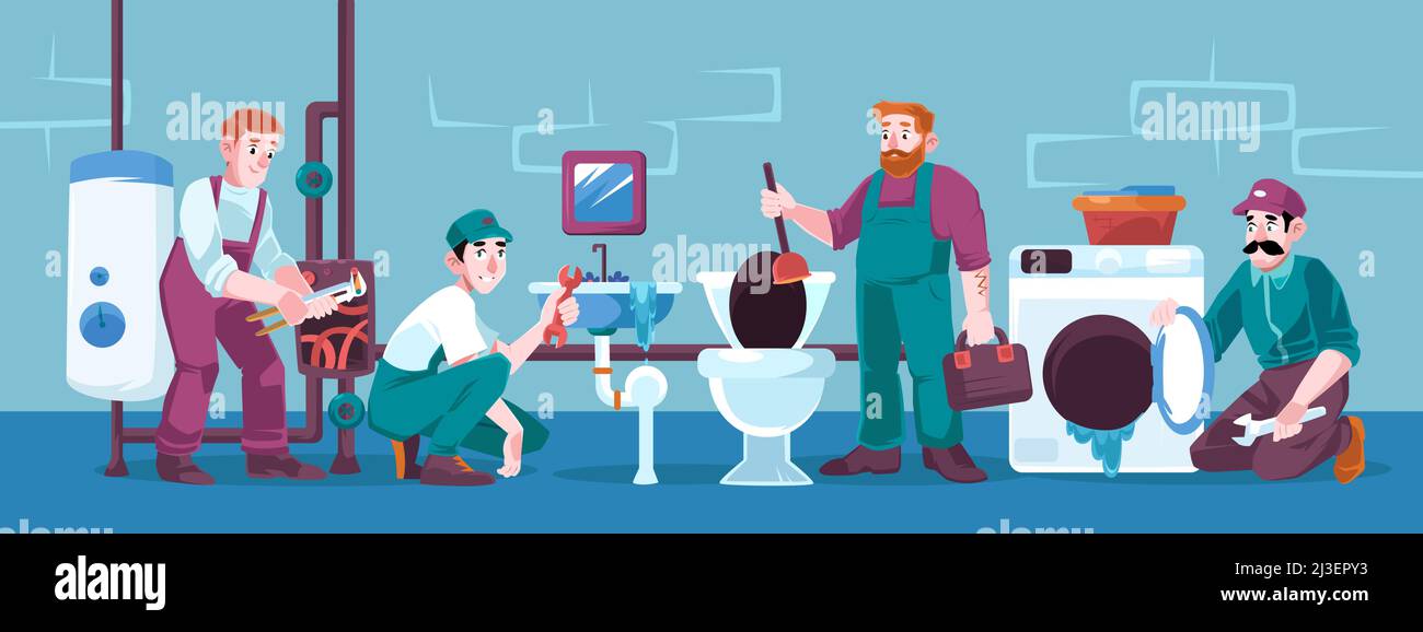 Plumbers repair broken plumbing and technics sink, leakage, toilet bowl