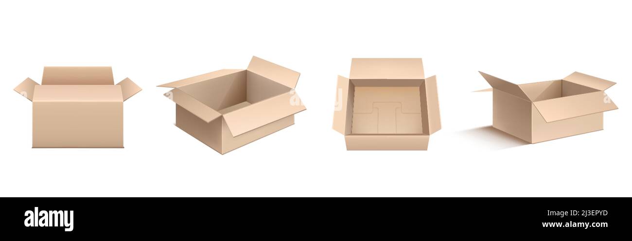 Empty cardboard boxes, brown carton package in front, angle and top ...