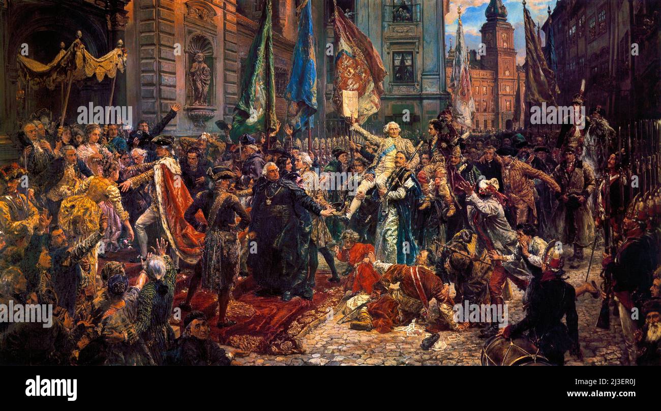 WARSAW, POLAND - 03 May 1791 - Adoption of the Polish-Lithuanian Constitution of May 3, 1791. The painting depicts King Stanislaus Augustus (left with Stock Photo