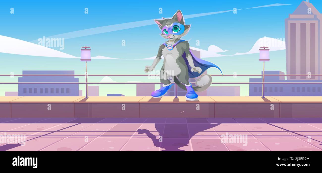 Cat superhero with cape and mask on terrace on rooftop. Vector cartoon