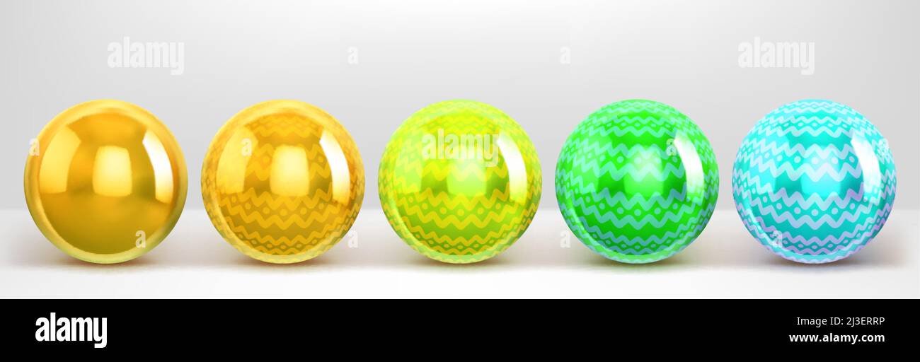 Abstract 3d balls, decorative decorated spheres on white background. Gold, yellow, green and