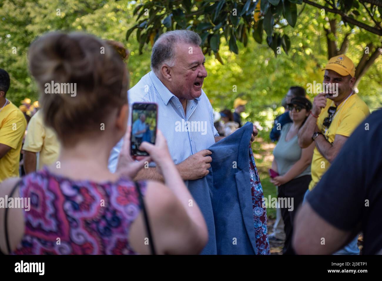 8th April 2022, Melbourne, Australia. Member of United Australia Party Craig Kelly shows off his yolk covered jacket after being egged by a heckler. Credit: Jay Kogler/Alamy Live News Stock Photo