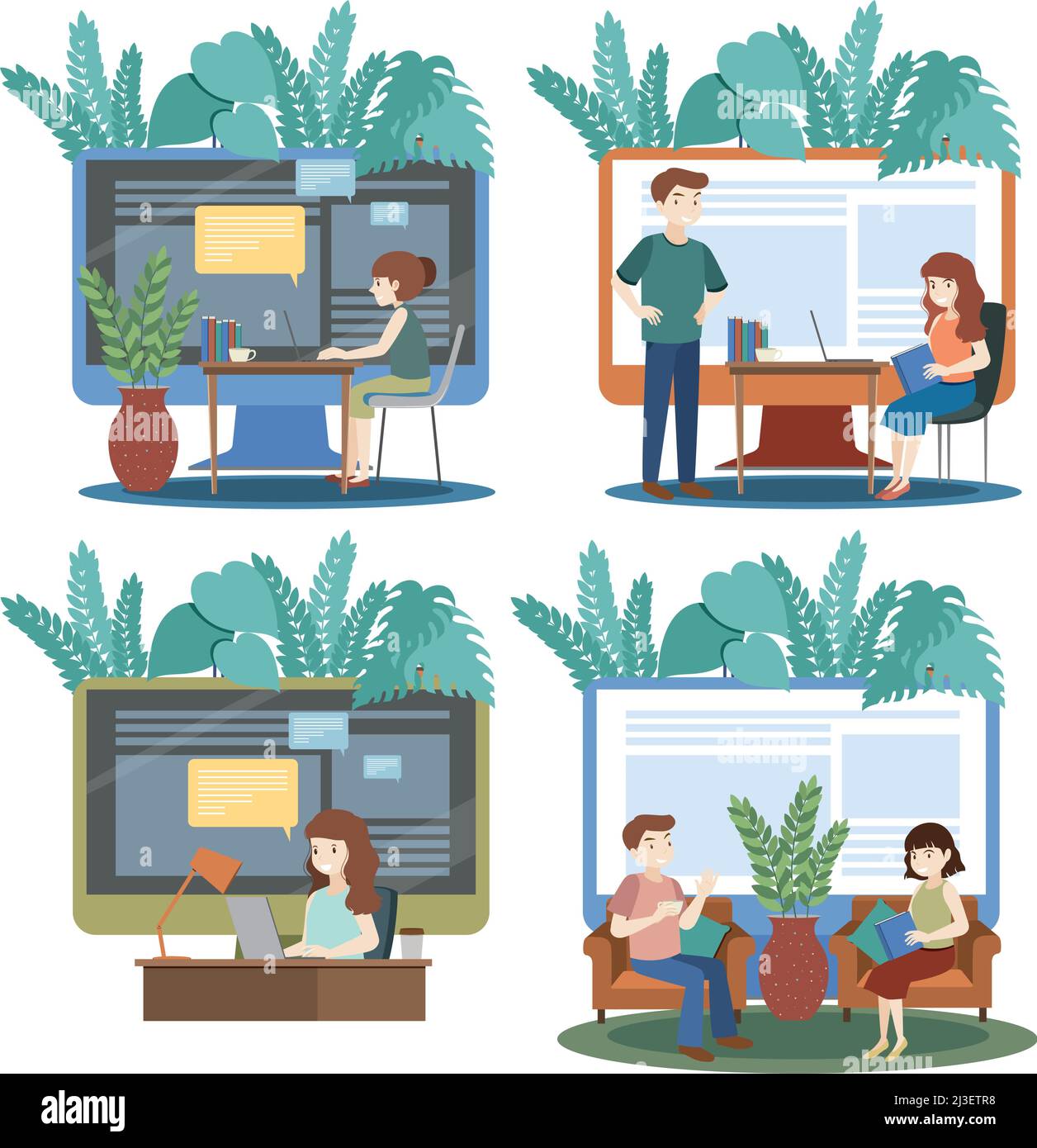 Set of different living room interior in flat style illustration Stock ...