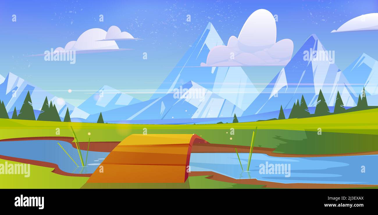 Mountains valley with river, wooden bridge, coniferous trees and rocks on horizon. Vector cartoon illustration of summer landscape with green meadows, Stock Vector