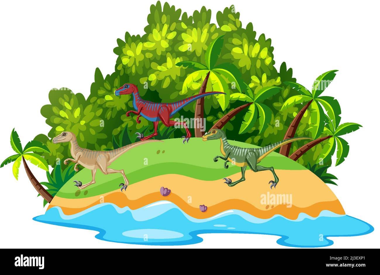 Scene with dinosaurs on island illustration Stock Vector