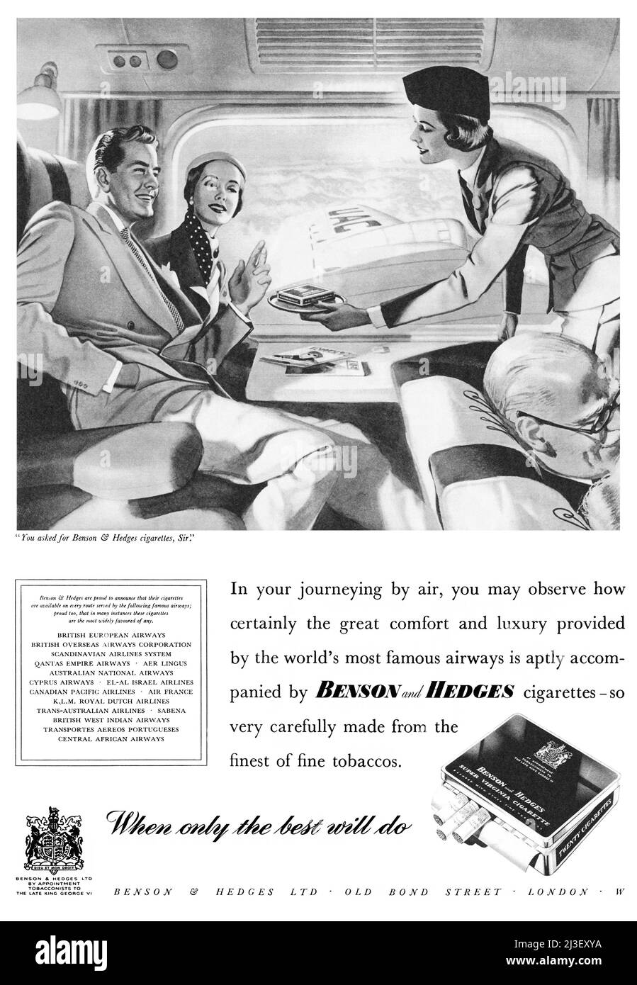 1955 British advertisement for Benson & Hedges Super Virginia Cigarettes. Stock Photo