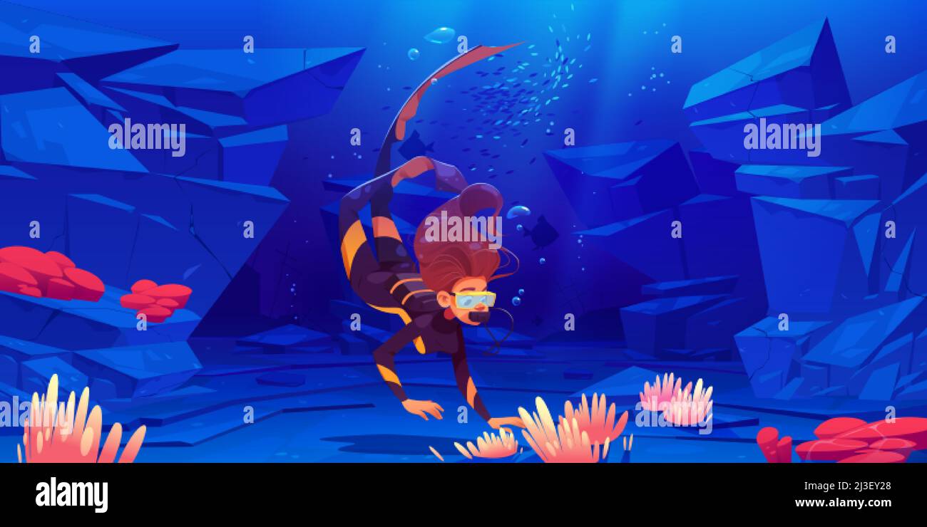 Young woman scuba diver explore sea bottom with seaweeds and corals. Girl in mask and costume explore underwater tropical reef, ocean world, female ch Stock Vector