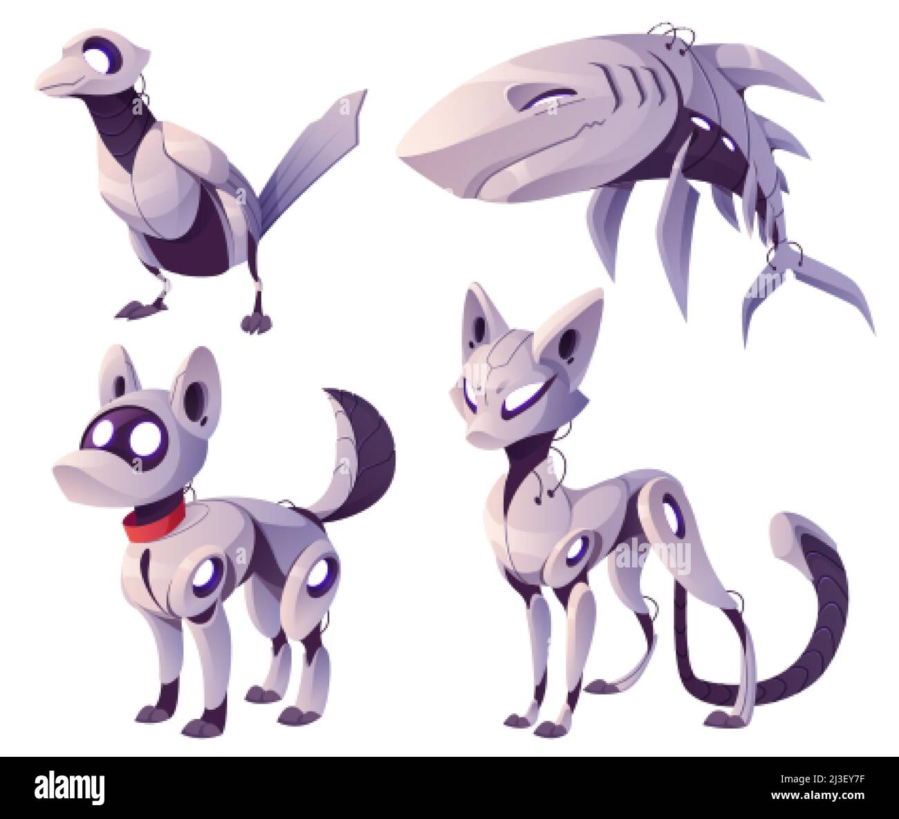 Mechanical animals, dog, cat, shark and bird robots. Vector cartoon set