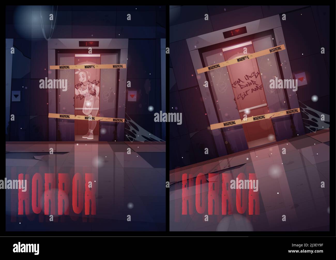 Horror banner with ghost stand in broken elevator. Haunted house with