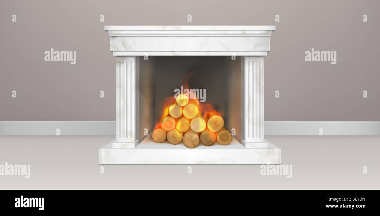 Fireplace with burning woods, white marble or gypsum chimney, classic fire place with flaming logs, home interior decor, vintage house design, cozy he Stock Vector