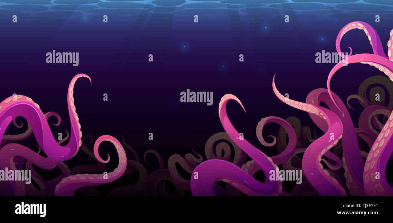 Octopus tentacles in dark ocean water, monster kraken waving hands on sea bottom. Fantasy creepy creature cephalopod arms or legs. Underwater animal a Stock Vector
