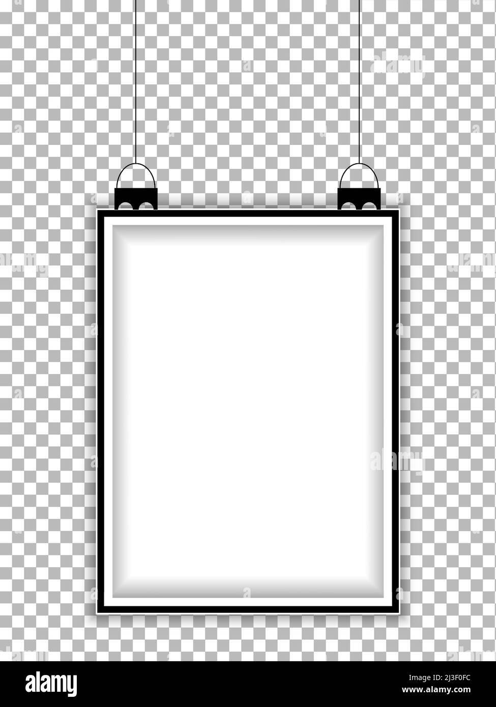 Realistic vertical hanging picture frame isolated on transperant background. Blank hanging frame template. Empty hanging photo frame mockup. EPS 10 Stock Vector