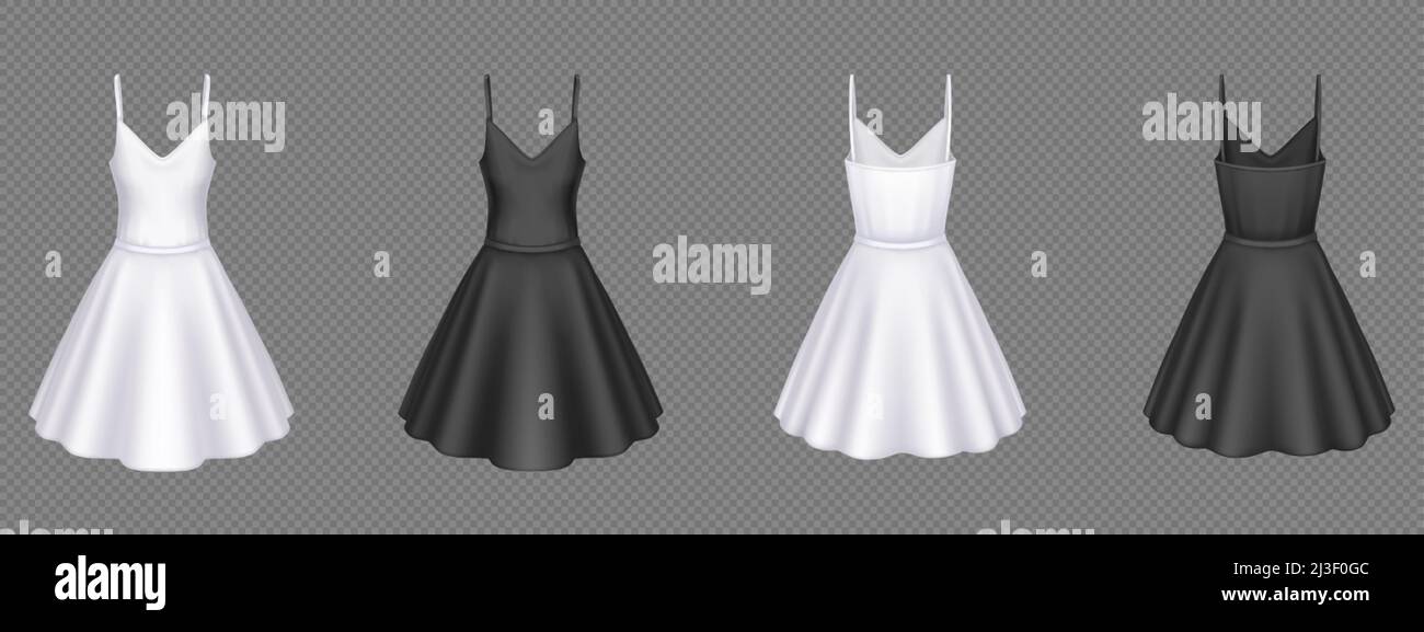 Women white and black cocktail dresses in front and back view. Vector realistic 3d mockup of blank girls evening gown with short skirts isolated on tr Stock Vector