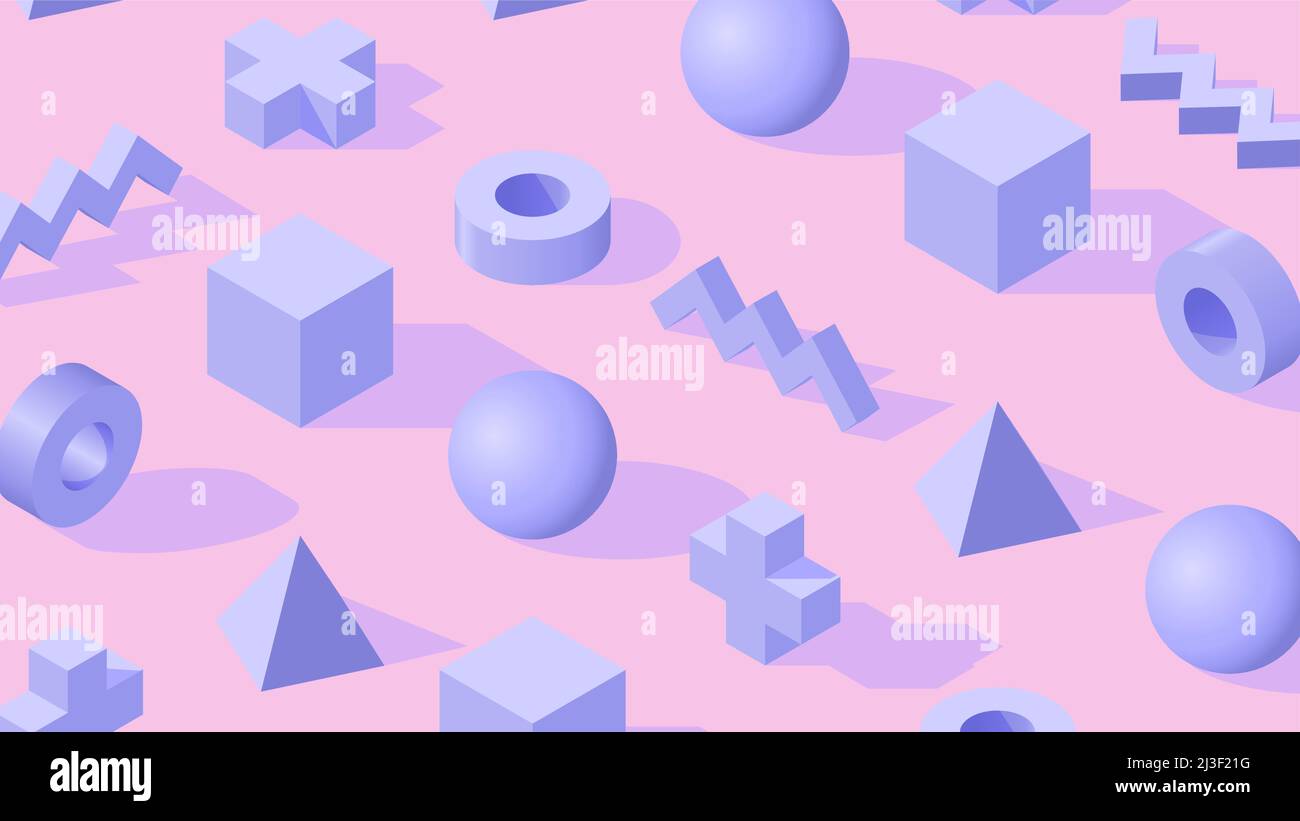 Abstract isometric 3D shapes on pink monochrome background. Pastel ...