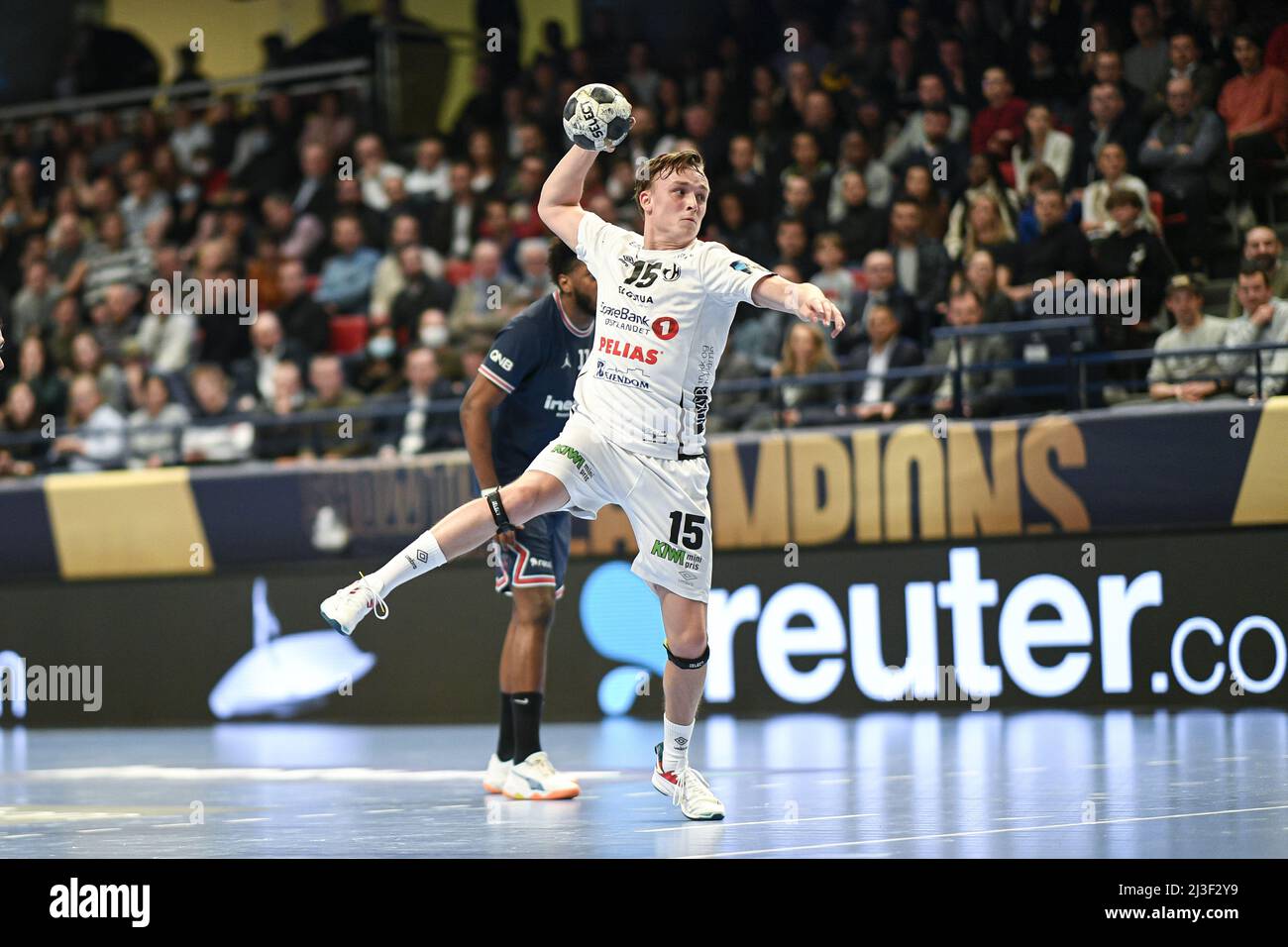 April 7, 2022, Paris, France: Tobias Schjolberg Grondahl of Elverum shoots  during the EHF Champions League, Play-offs Handball match between Paris  Saint-Germain (PSG) and Elverum on April 7, 2022 at Pierre de
