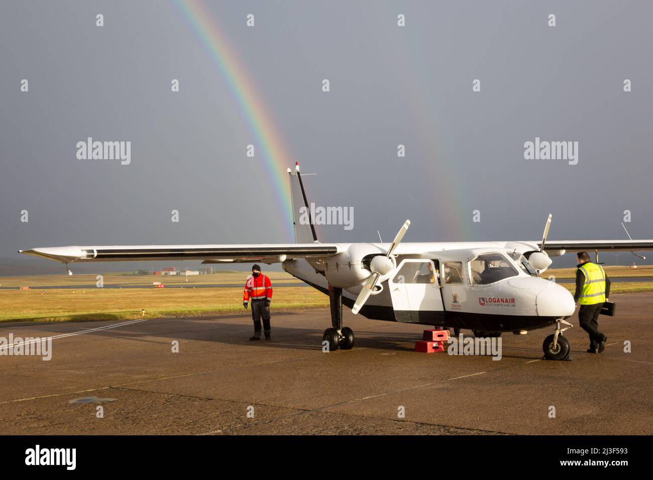 Loganair small aircraft on the airfield in Kirkwall, Orkney Islands, UK Stock Photo