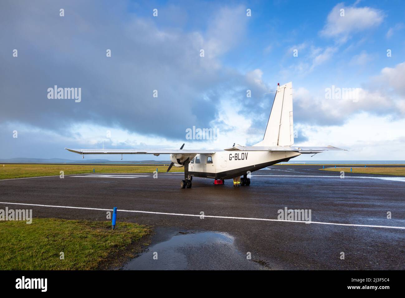 Loganair small aircraft on the airfield in Papa Westray, Orkney Islands, UK Stock Photo
