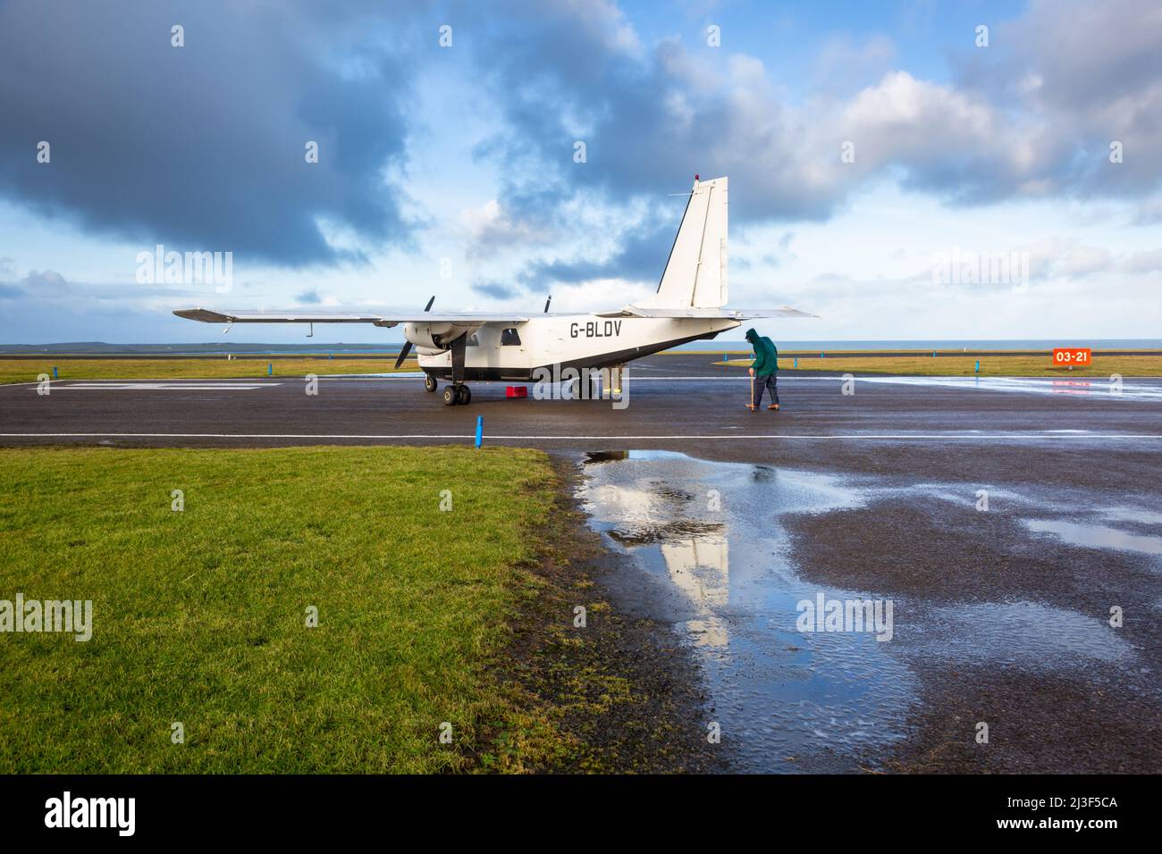 Loganair small aircraft on the airfield in Papa Westray, Orkney Islands, UK Stock Photo