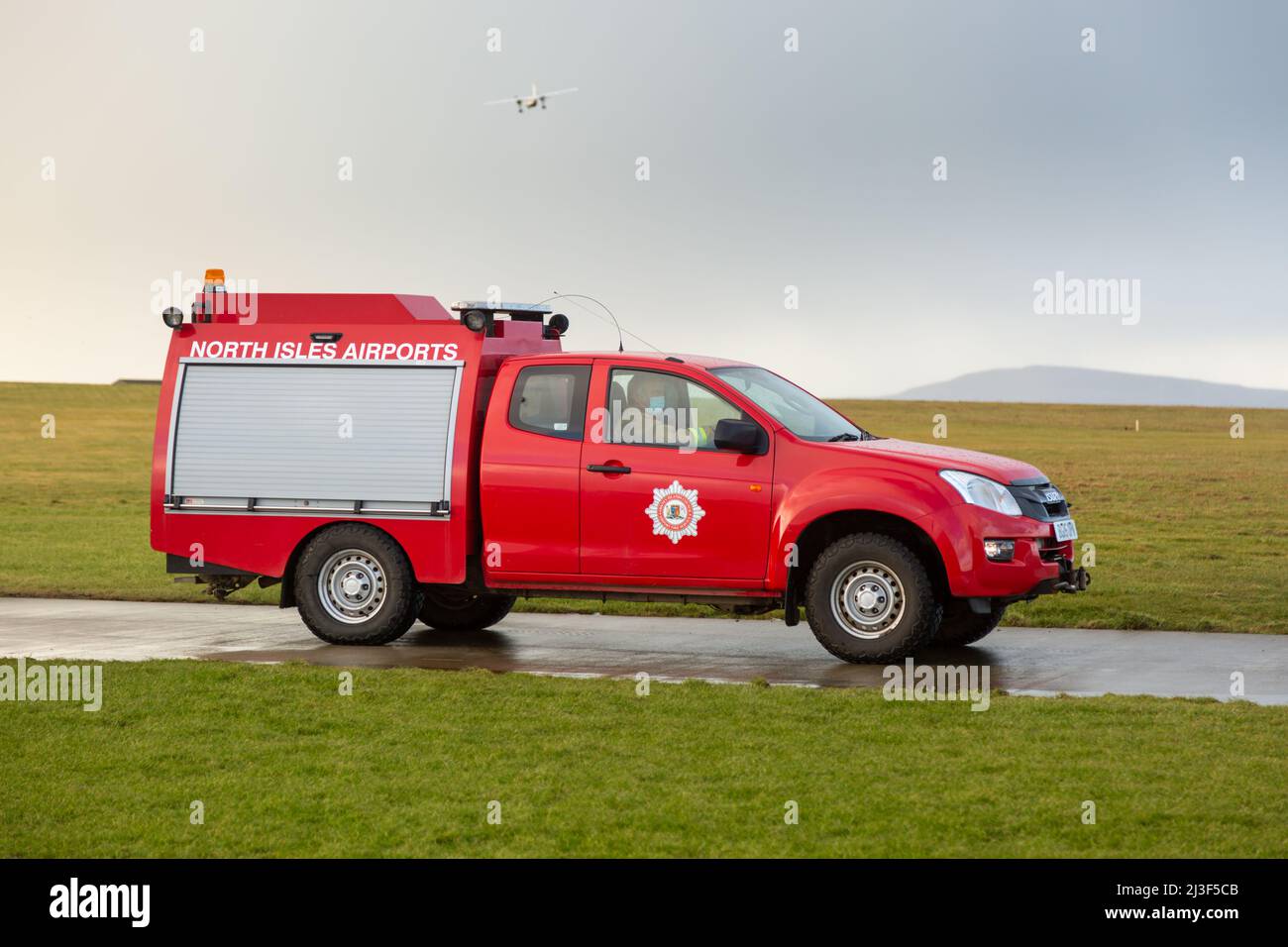 Fire vehicle on the airstrip, Papa Westray, Orkney Islands, UK Stock Photo