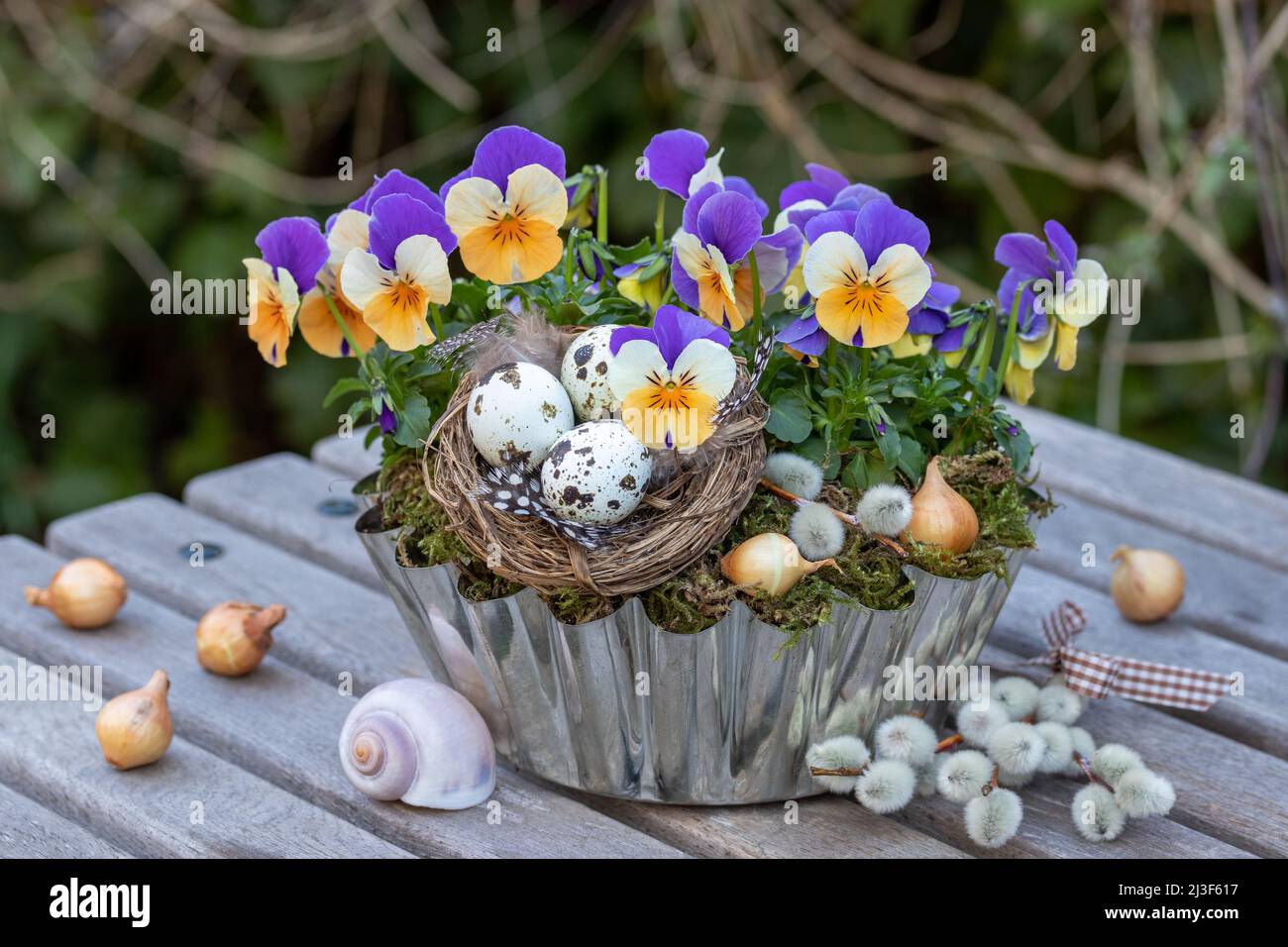 easter nest and viola flowers in old baking mould Stock Photo