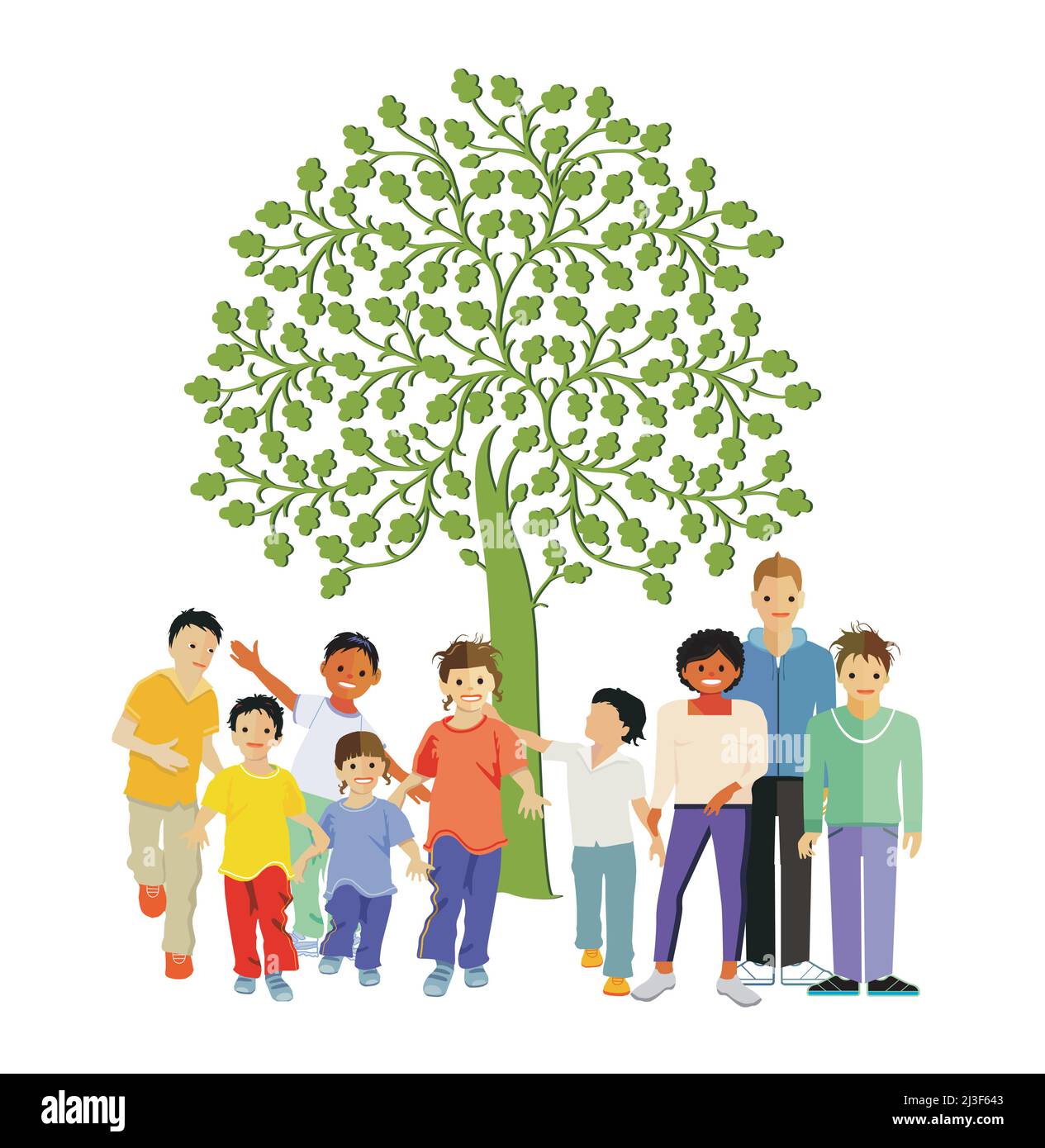 Happy children under a tree, illustration Stock Vector