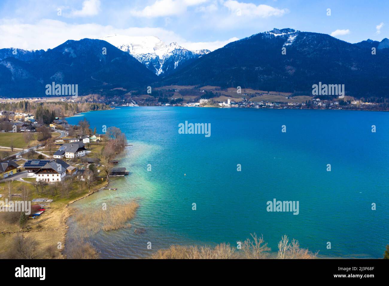 Drone photography, Fuschlsee a popular lake near Salzburg, Upper Austria, Europe Stock Photo