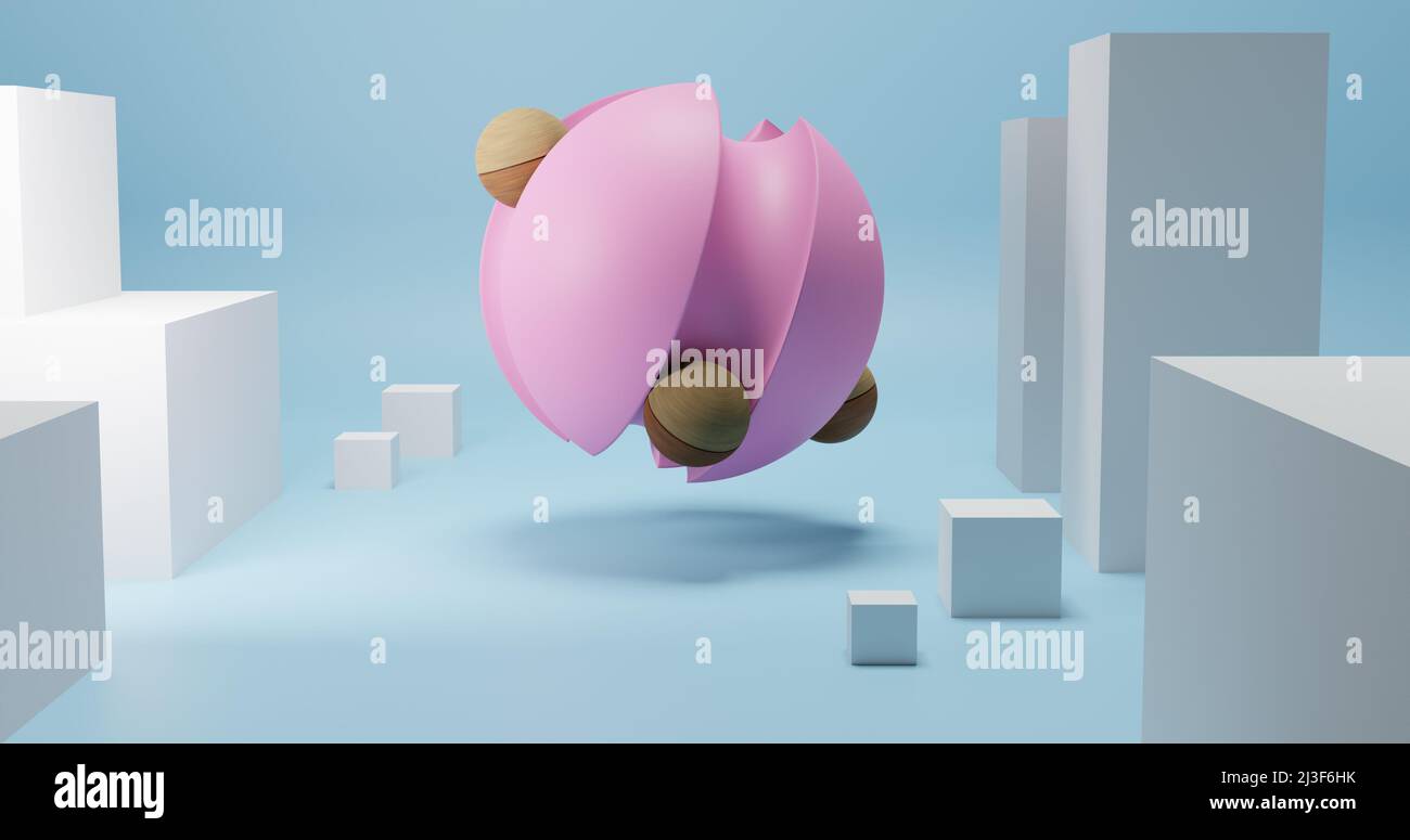 Abstract toy with moving spheres and geometric shapes for kids. Retro style in pastel colors. Minimal design elements. Abstract 3D illustration Stock Photo