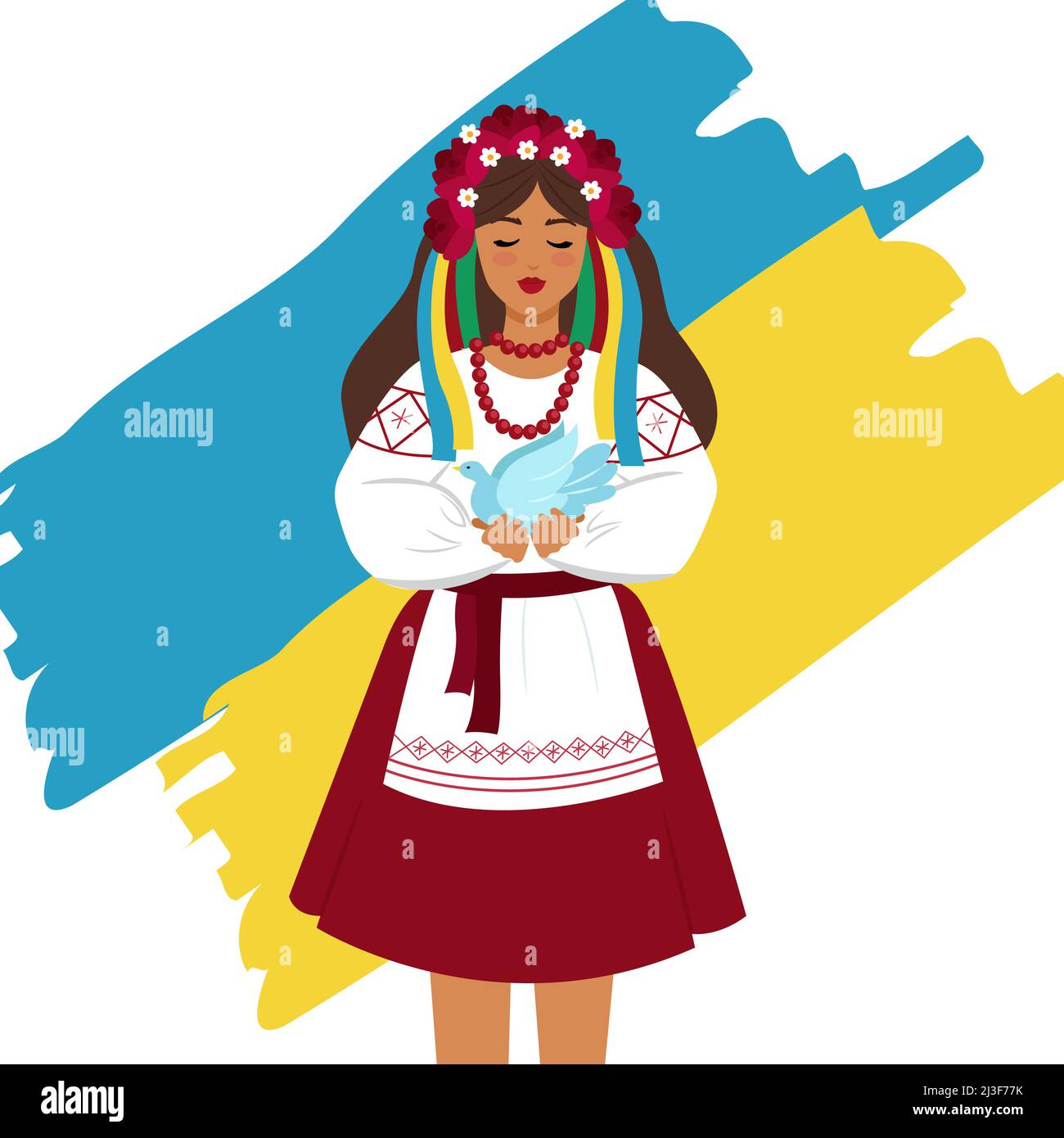 Ukrainian girl in national clothes on the background of the Ukrainian flag holds a dove. Vector illustration Stock Vector