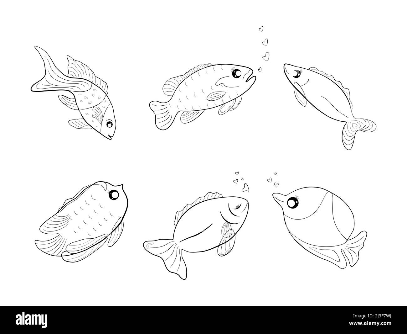 Collection of  silhouette underwater doodle outline fish ocean icon cartoon abstract background art graphic design vector illustration Stock Vector